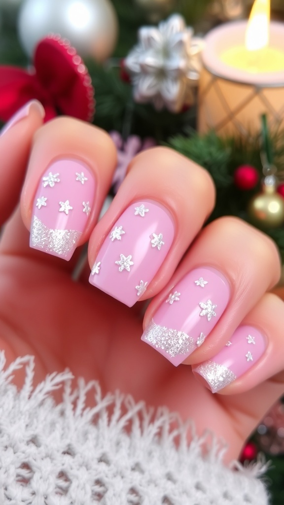 Cute pink Christmas nails with snowflake designs and glitter on a festive background.